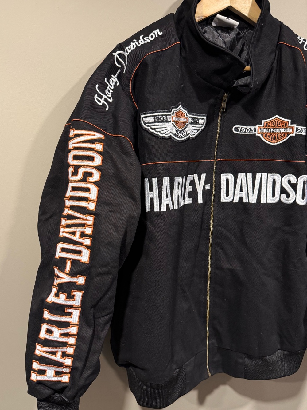 Harley-Davidson inspired motorcycle denim racing Jacket script Logo Accents NWOT